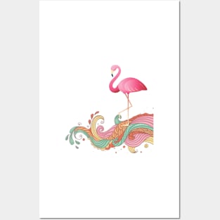 Surfs Up Pink Flamingo Catches a Wave Posters and Art